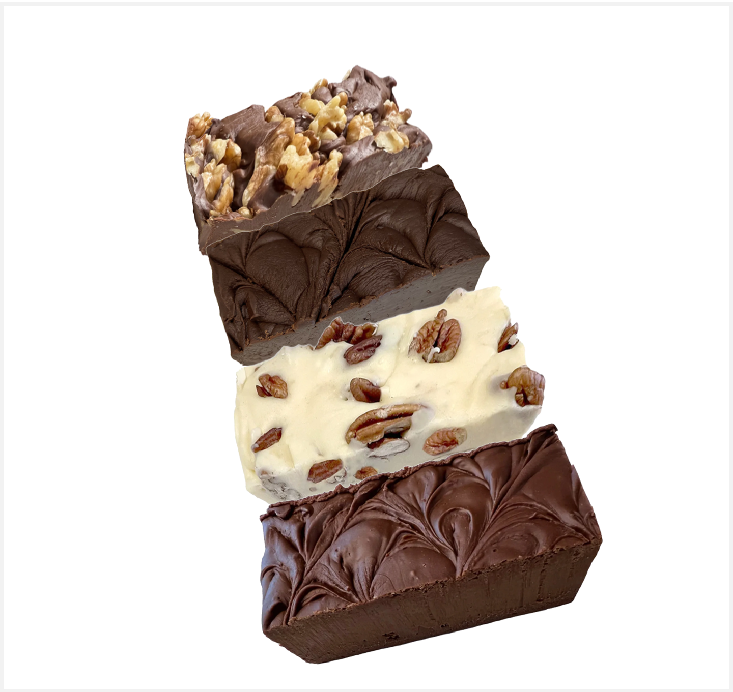 Four stacked pieces of fudge with nuts and swirled patterns.
