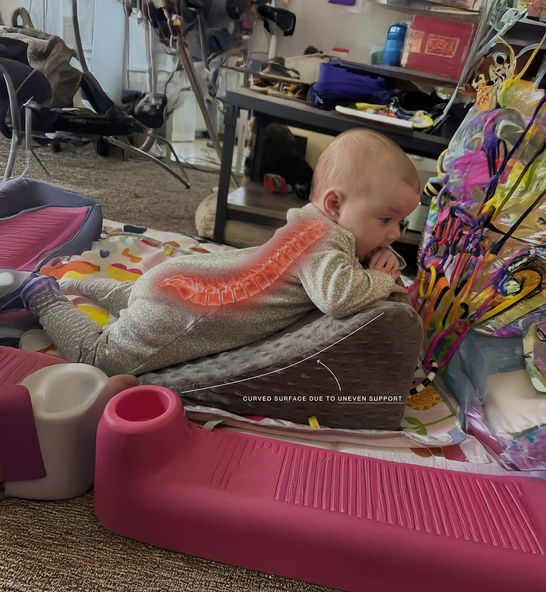 A baby on a pillow with a graphic showing improper spine alignment due to an uneven surface.