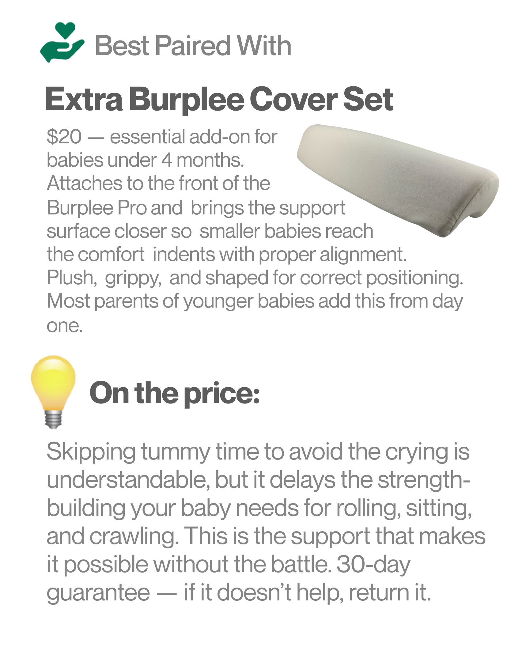 Product information for the Extra Burplee Cover Set, with a picture of the grey support cushion.