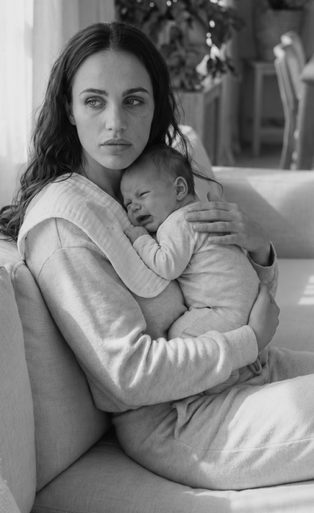 A black and white photo of a woman with a pained expression holding a crying baby in a nursery.