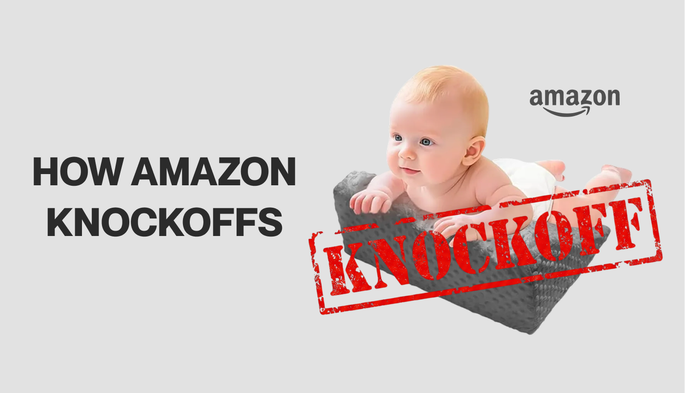 Baby lying on cushion with text: 'How Amazon Knockoffs' and 'Knockoff' in red stamp.