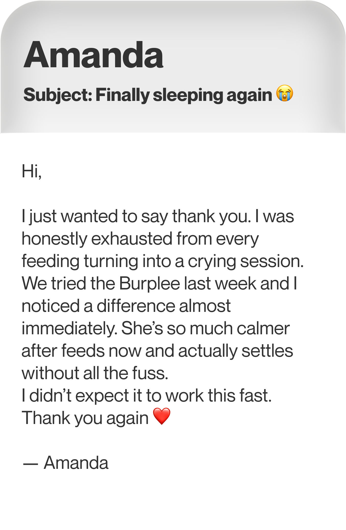 A testimonial from a customer named Amanda with the subject line, 'Finally sleeping again'.