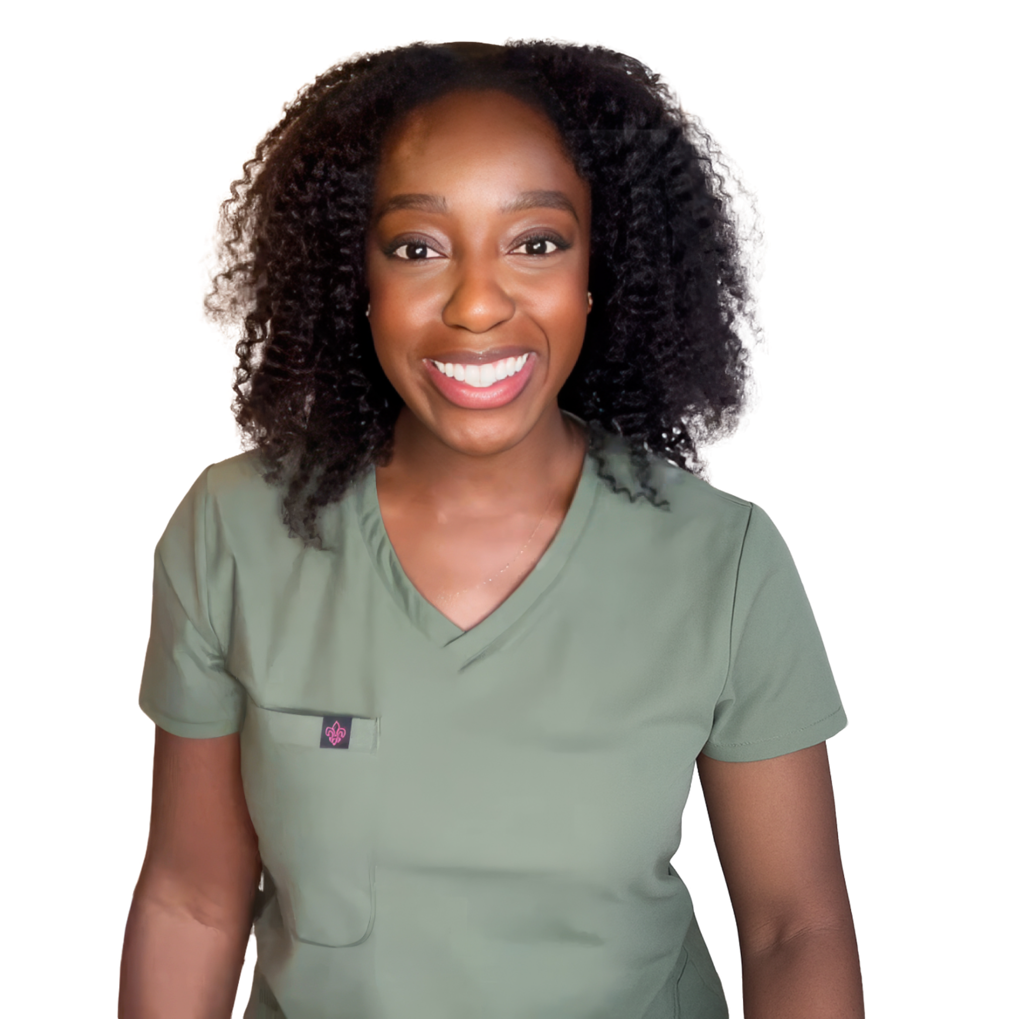 Person smiling in a green scrub top against a plain background.