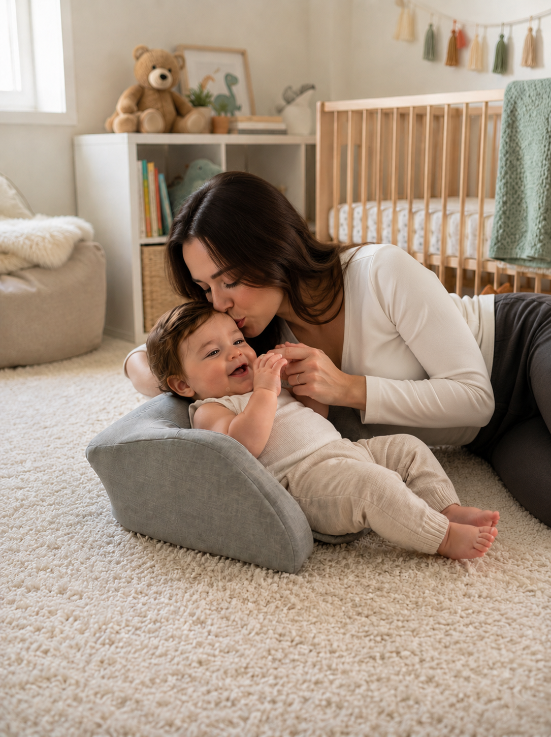A woman lying down smiles at her baby, who is propped up on a grey pillow.