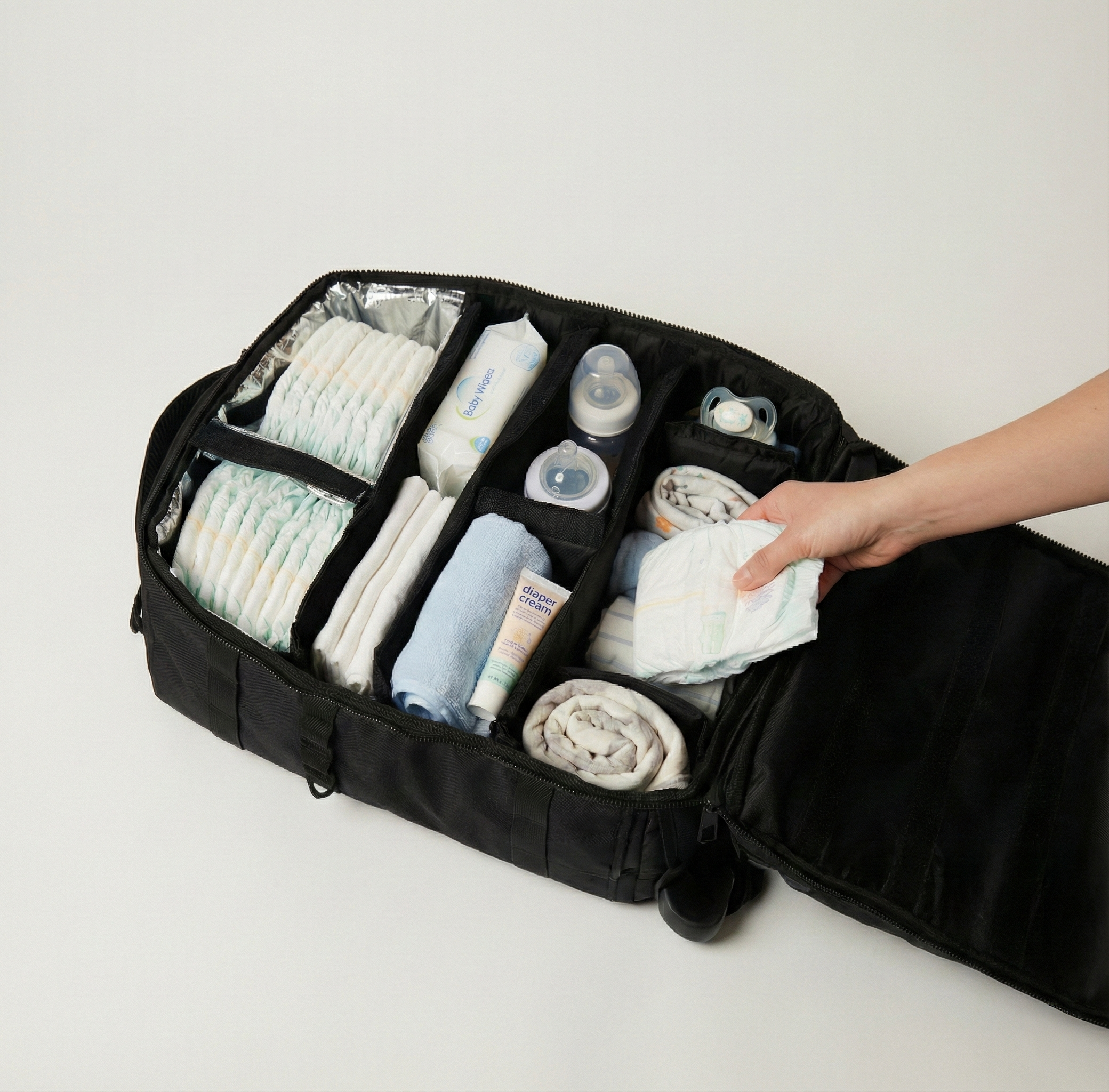 An open diaper bag with organized baby essentials and a hand holding a diaper.