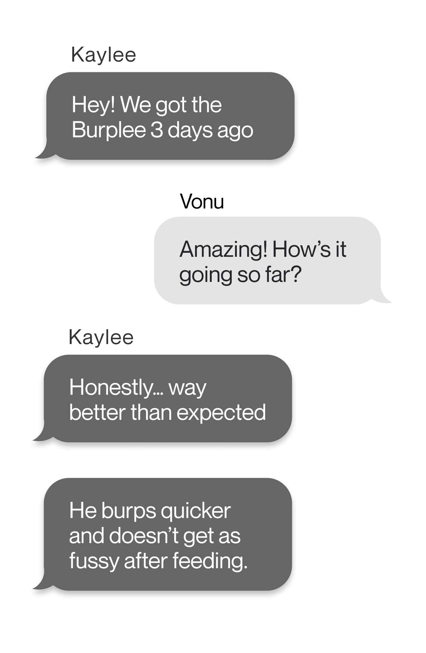A text message conversation showing a positive review for a product called Burplee for helping a baby burp.