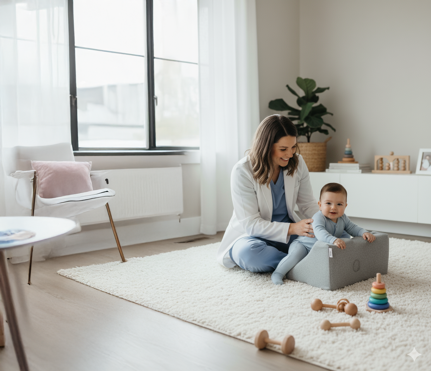 Woman and baby sitting on a light rug with toys in a bright room.