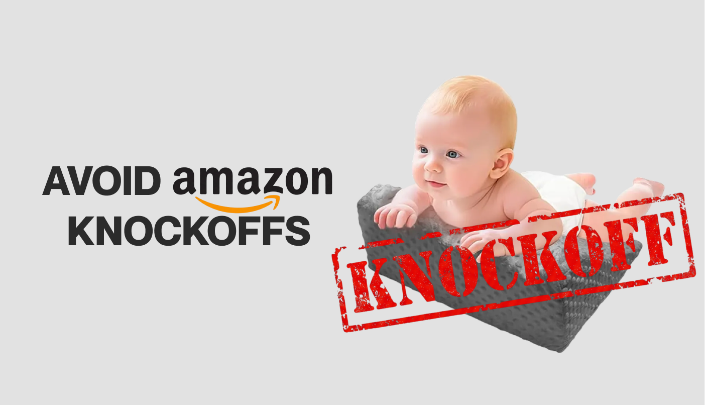 Baby on textured cushion with 'KNOCKOFF' stamp and 'AVOID Amazon KNOCKOFFS' text.