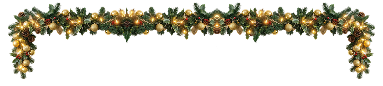 Festive garland with lights and gold ornaments on a black background.
