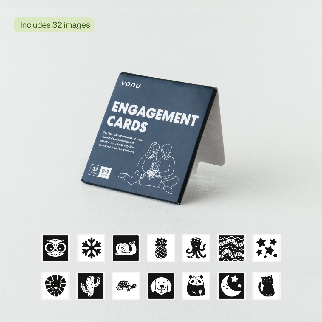 Dark blue box titled 'Engagement Cards' with simple black and white illustrations below.