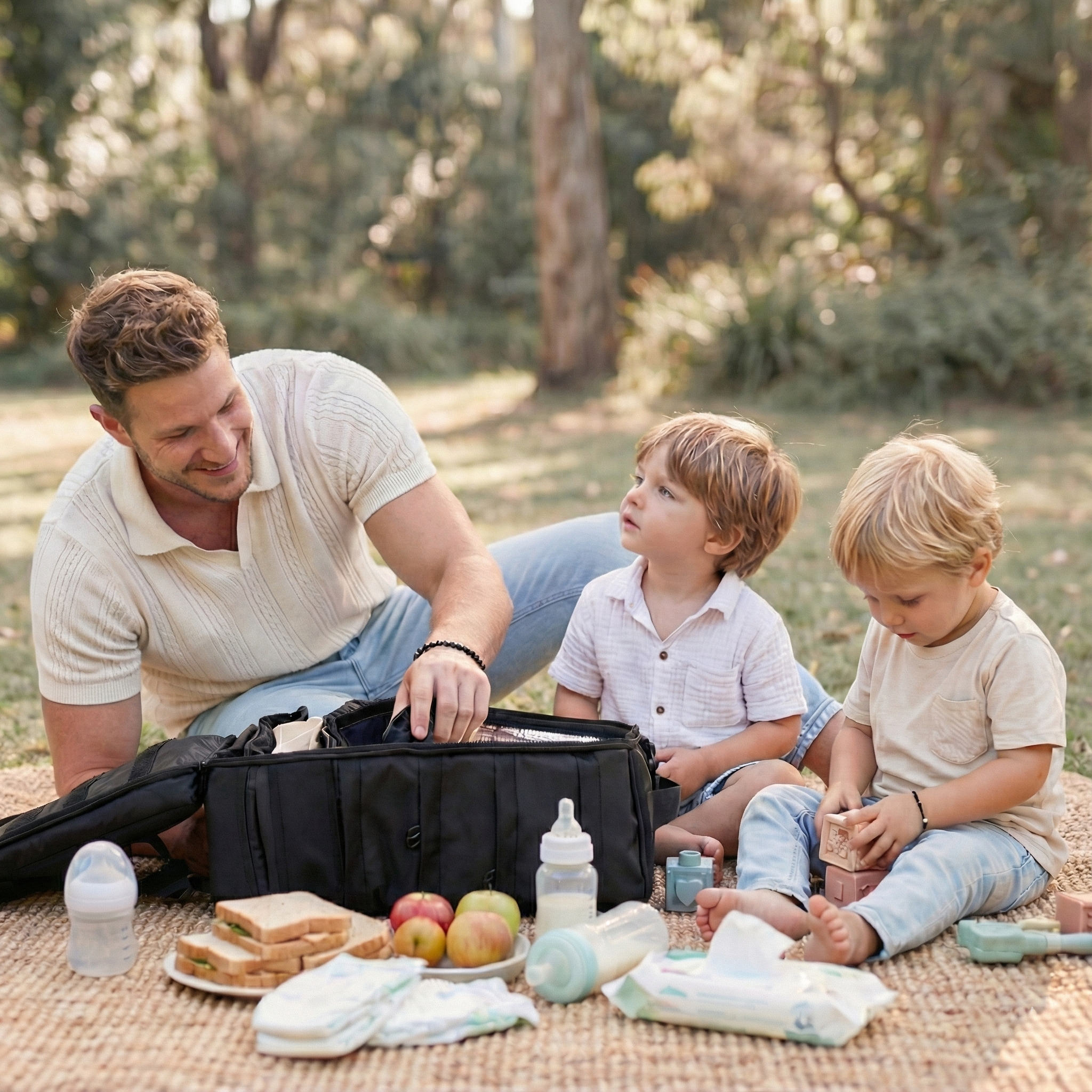 A man with two children having a picnic with food and drinks on a mat.