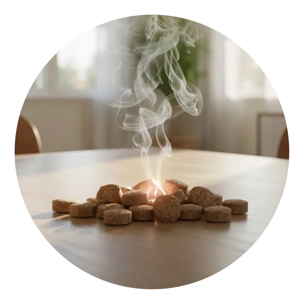 Pile of burning incense pellets with rising smoke on a table.