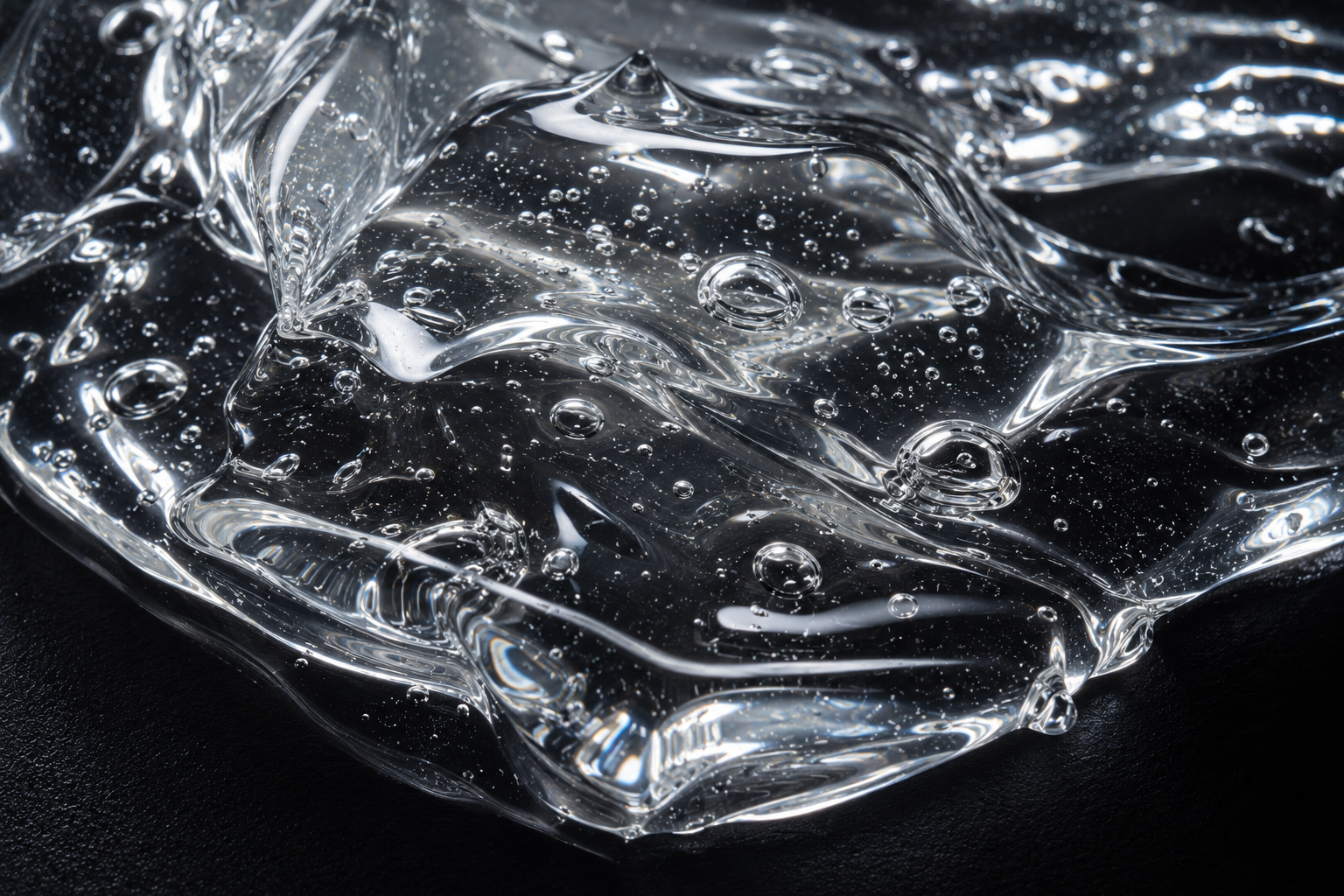 A close-up of a clear, viscous gel with air bubbles on a black surface.