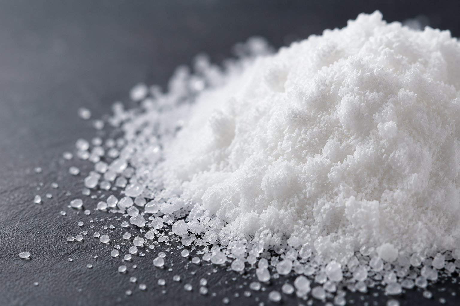 A close-up, macro shot of a small pile of white salt crystals on a dark surface.