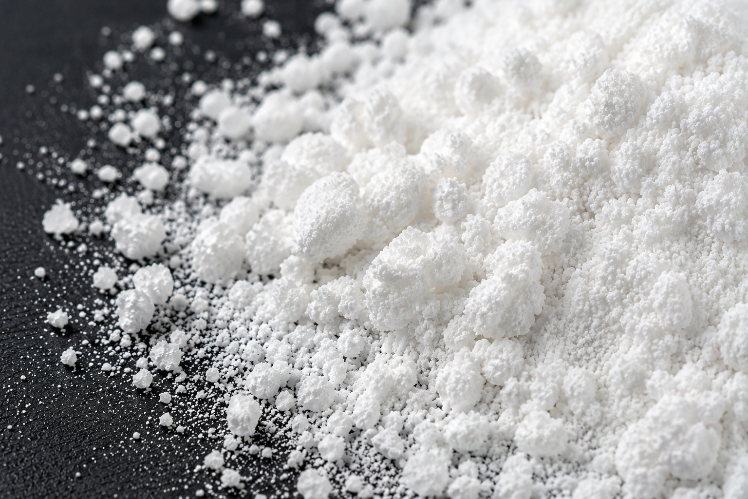 A close-up macro shot of a white granular powder on a dark textured surface.
