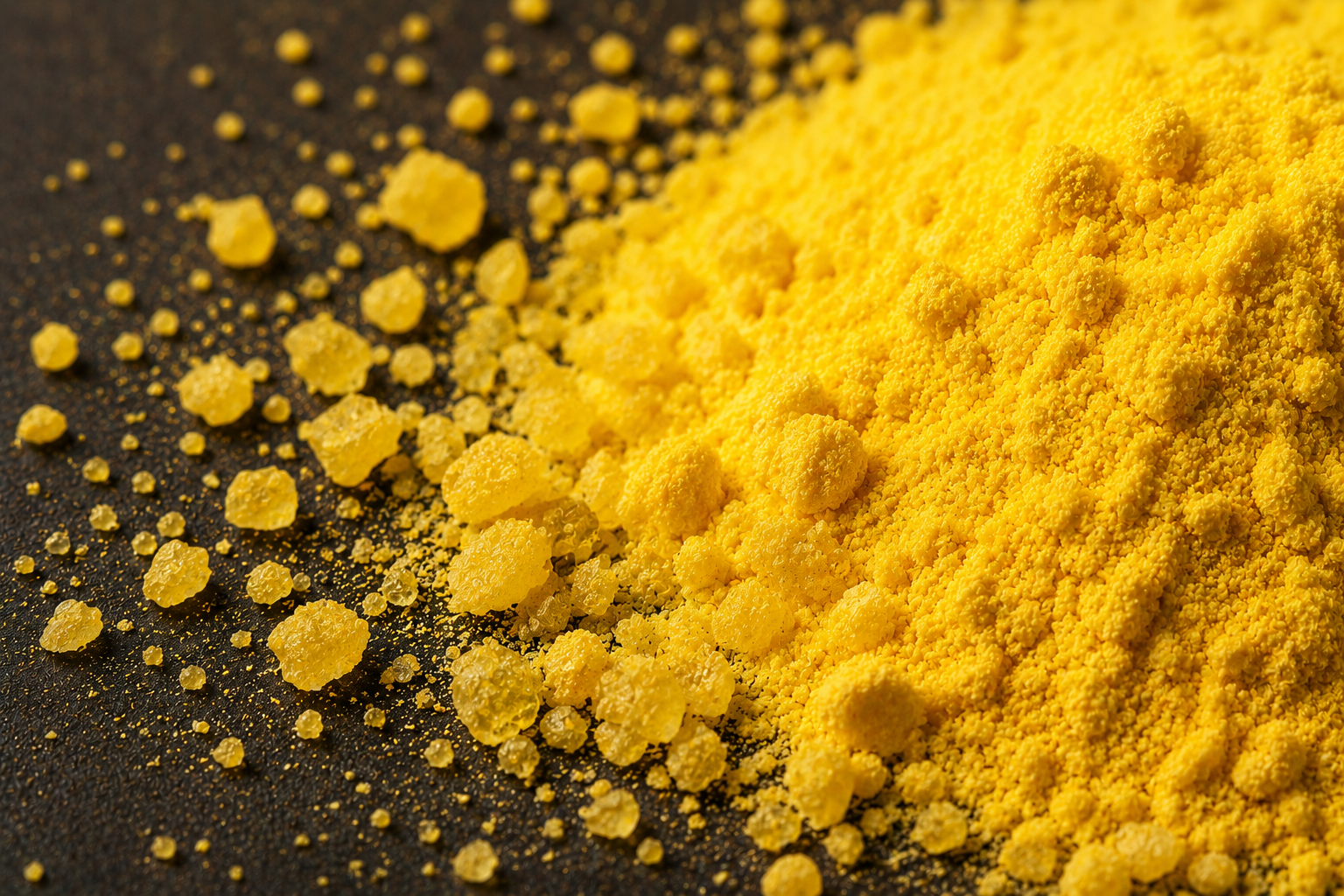 A close-up shot of a pile of yellow granular powder on a dark, textured surface.