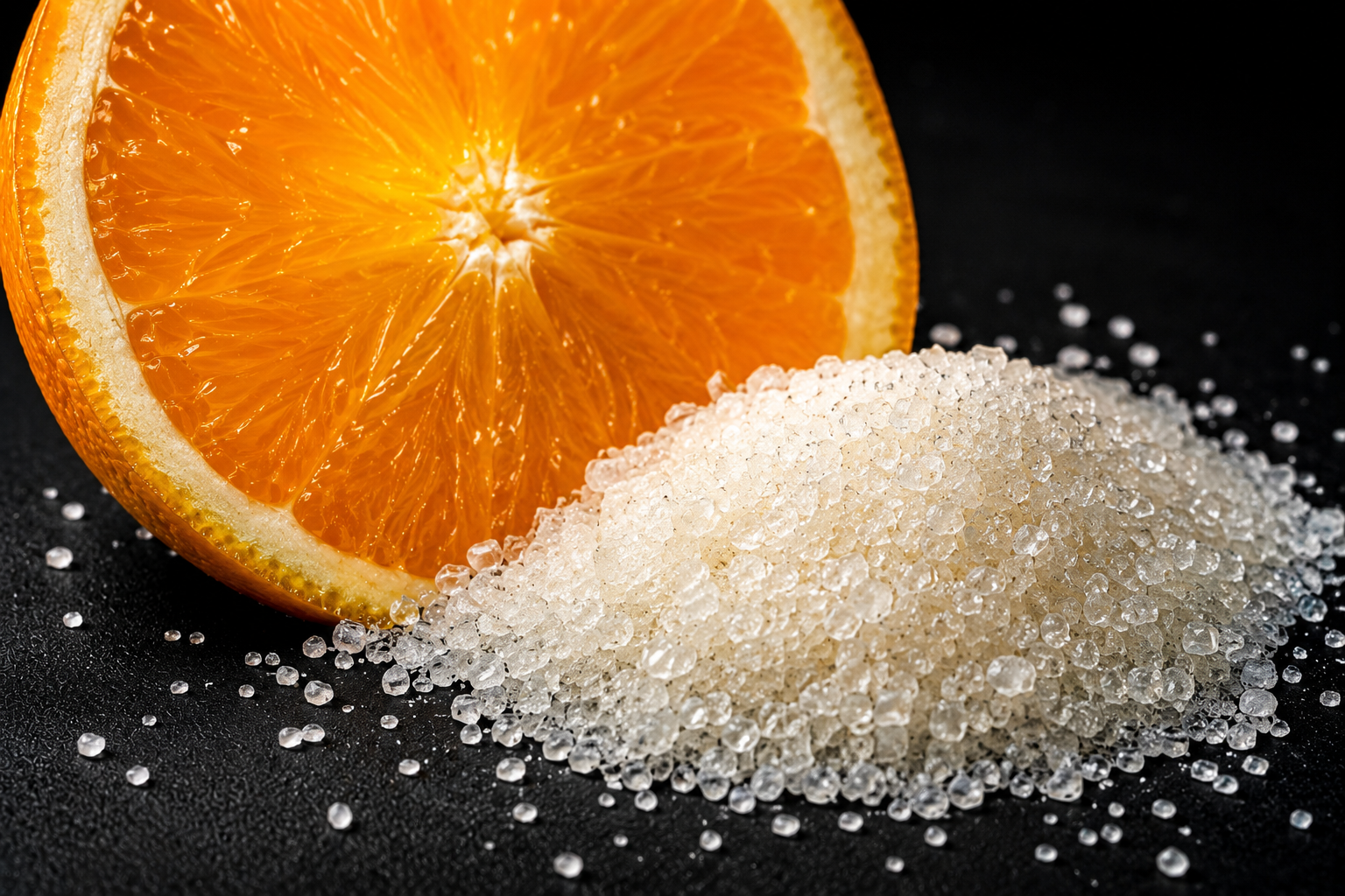 A close-up of a sliced orange next to a pile of white sugar on a black background.