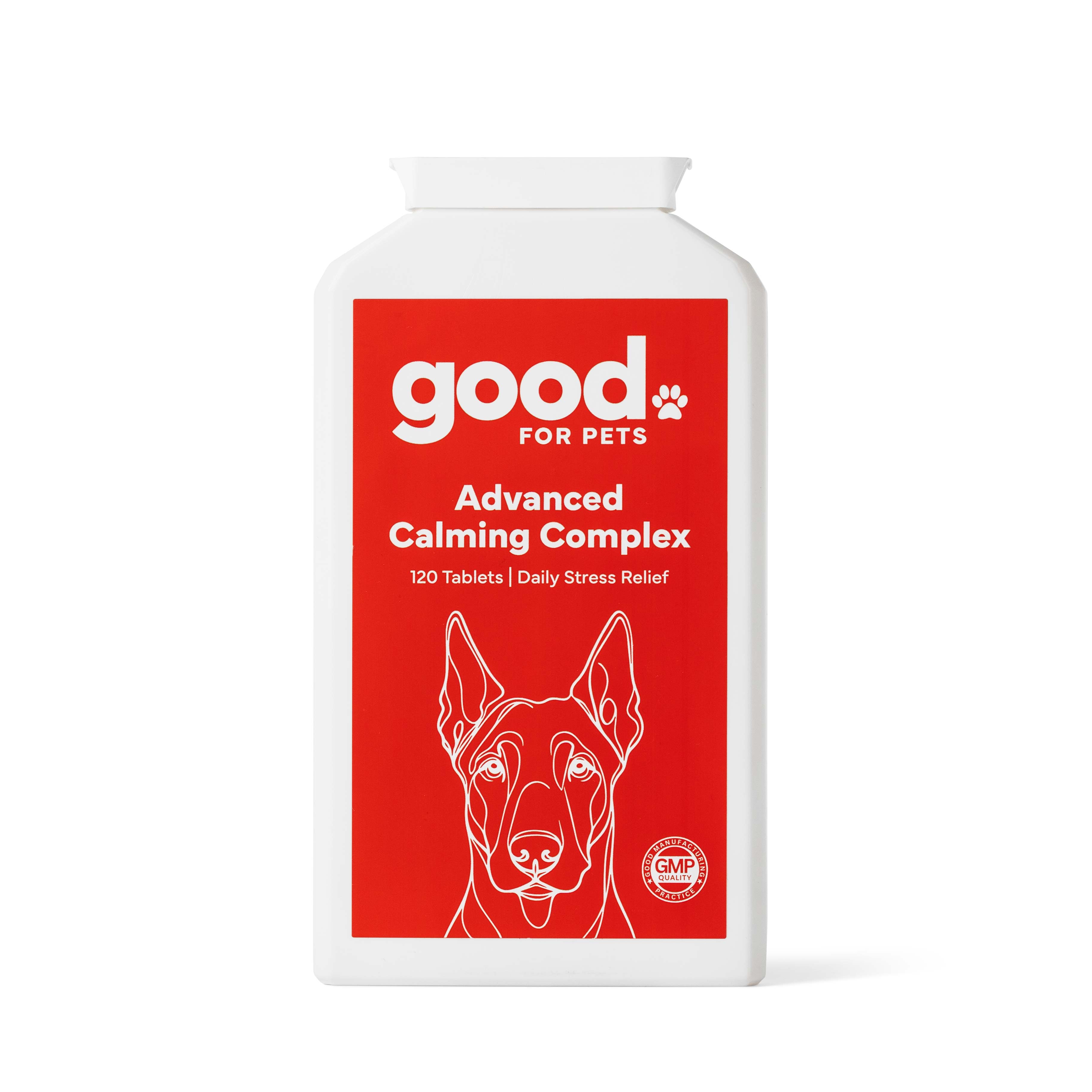 A white bottle of 'good. FOR PETS' Advanced Calming Complex tablets on a white background.
