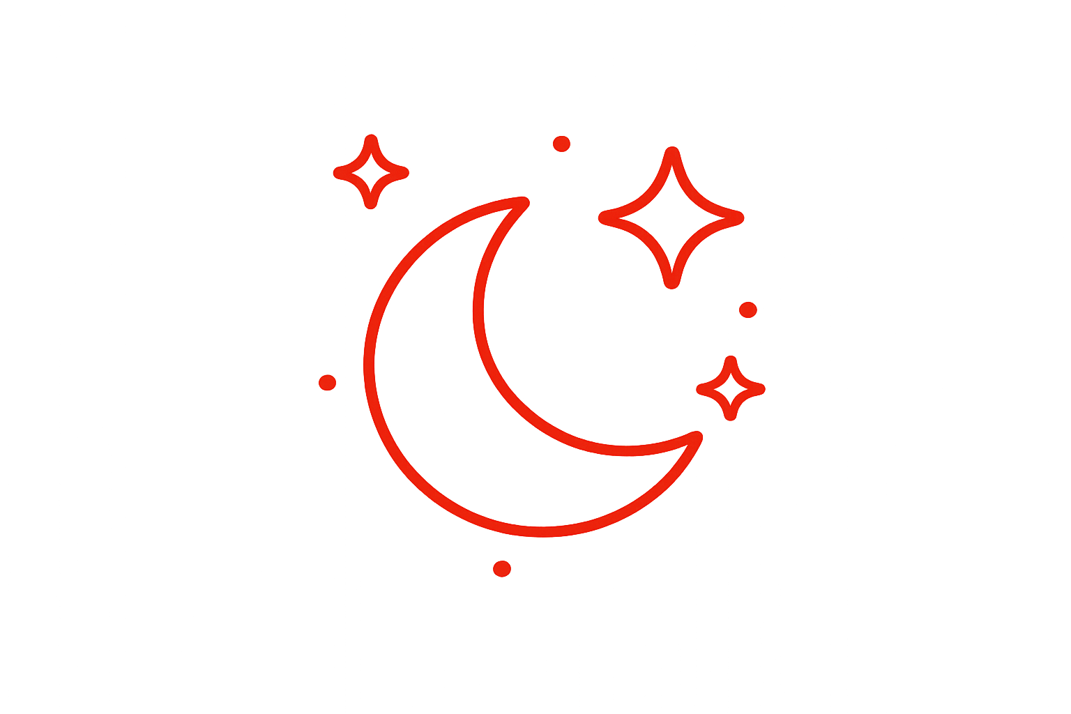 A red line-art icon of a crescent moon surrounded by stars and dots on a white background.