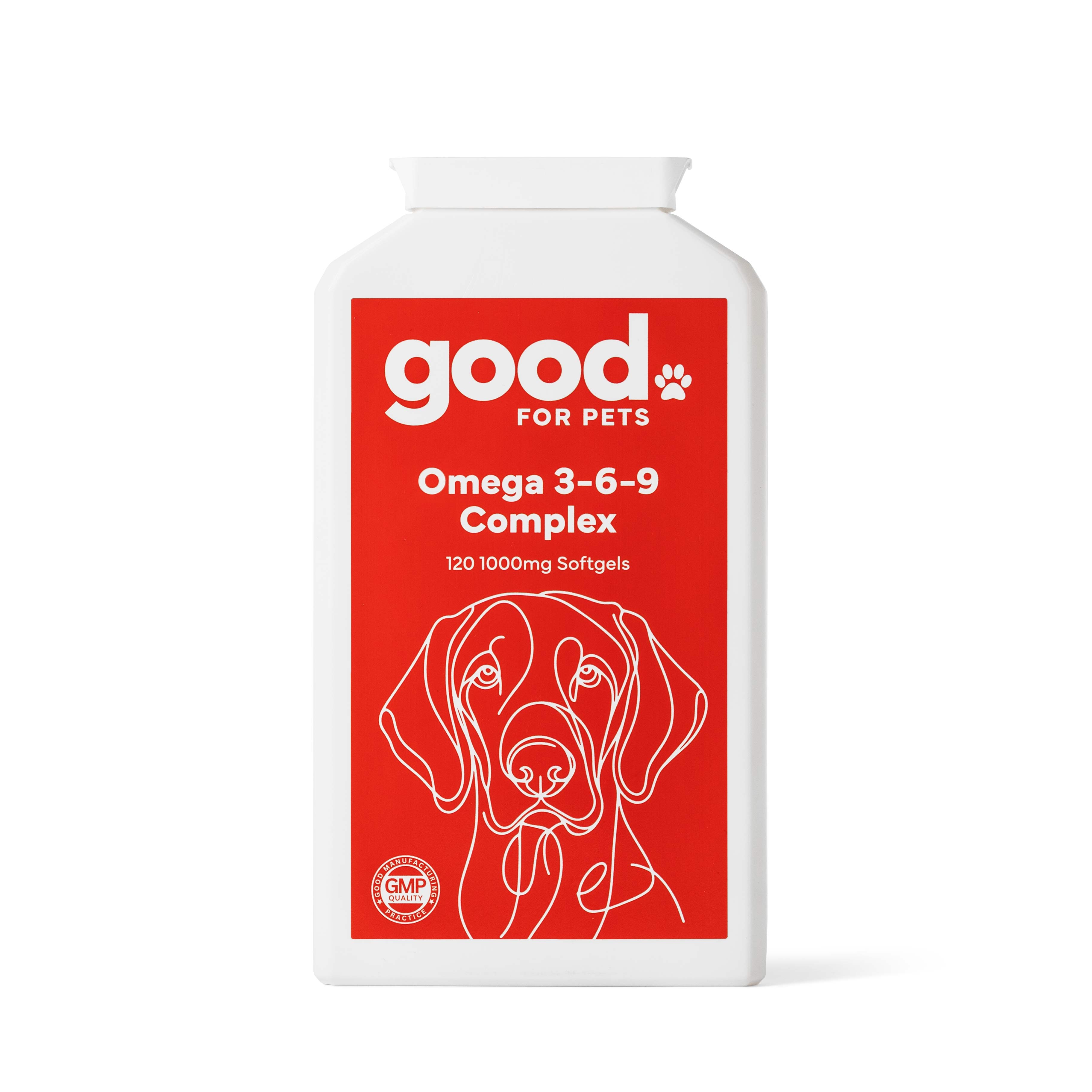 A white bottle of Good for Pets Omega 3-6-9 Complex softgels on a white background.