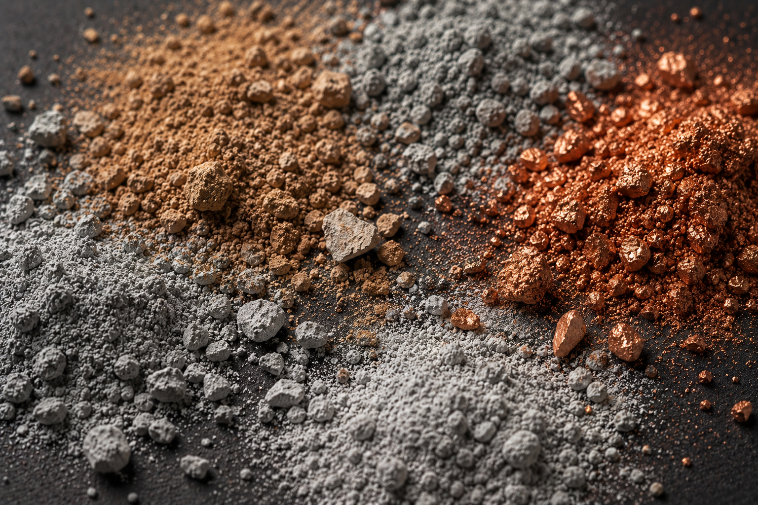 A close-up of three different colored powders—grey, tan, and metallic copper—piled on a dark surface.