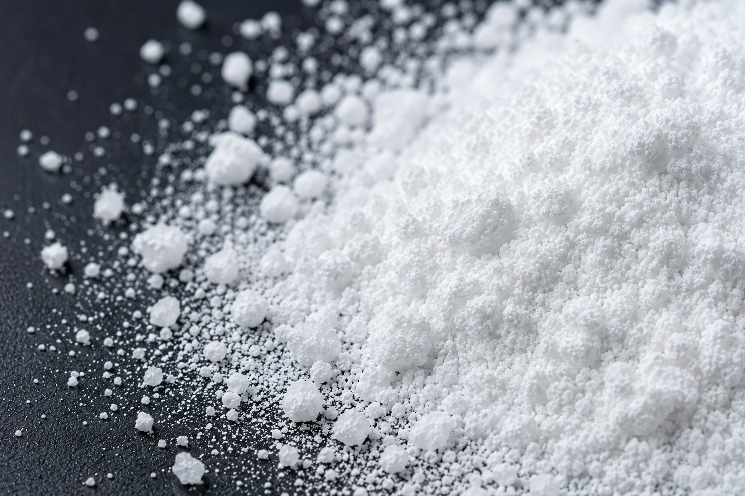 A close-up, macro shot of a pile of white granular powder on a dark surface.