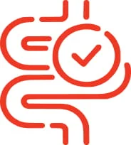 A red line icon of a stylized digestive tract with a checkmark in a circle.