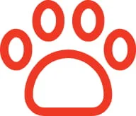 A red outline of a paw print on a white background.