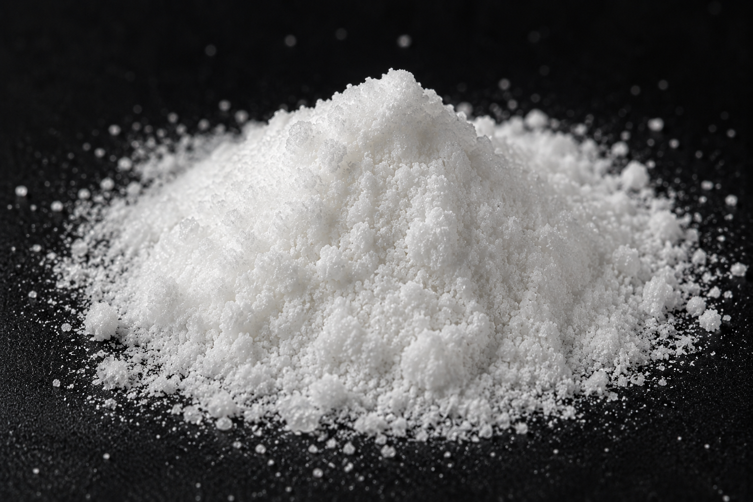 A close-up macro shot of a small pile of white crystalline powder on a black textured surface.