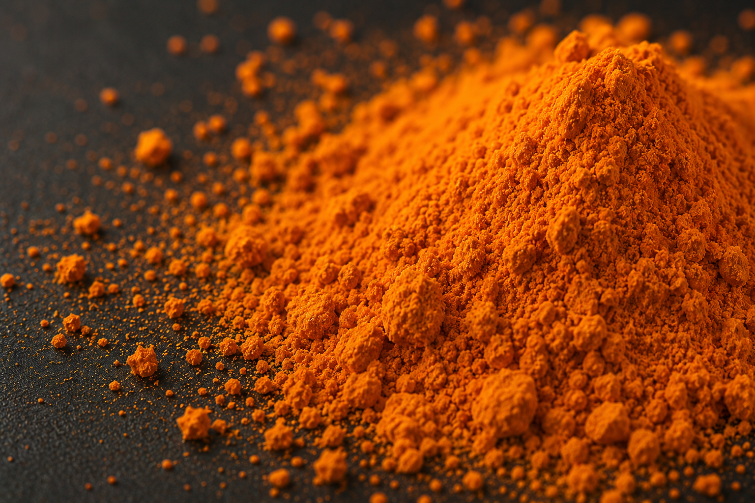 A close-up shot of a pile of bright orange powder on a dark, textured surface.