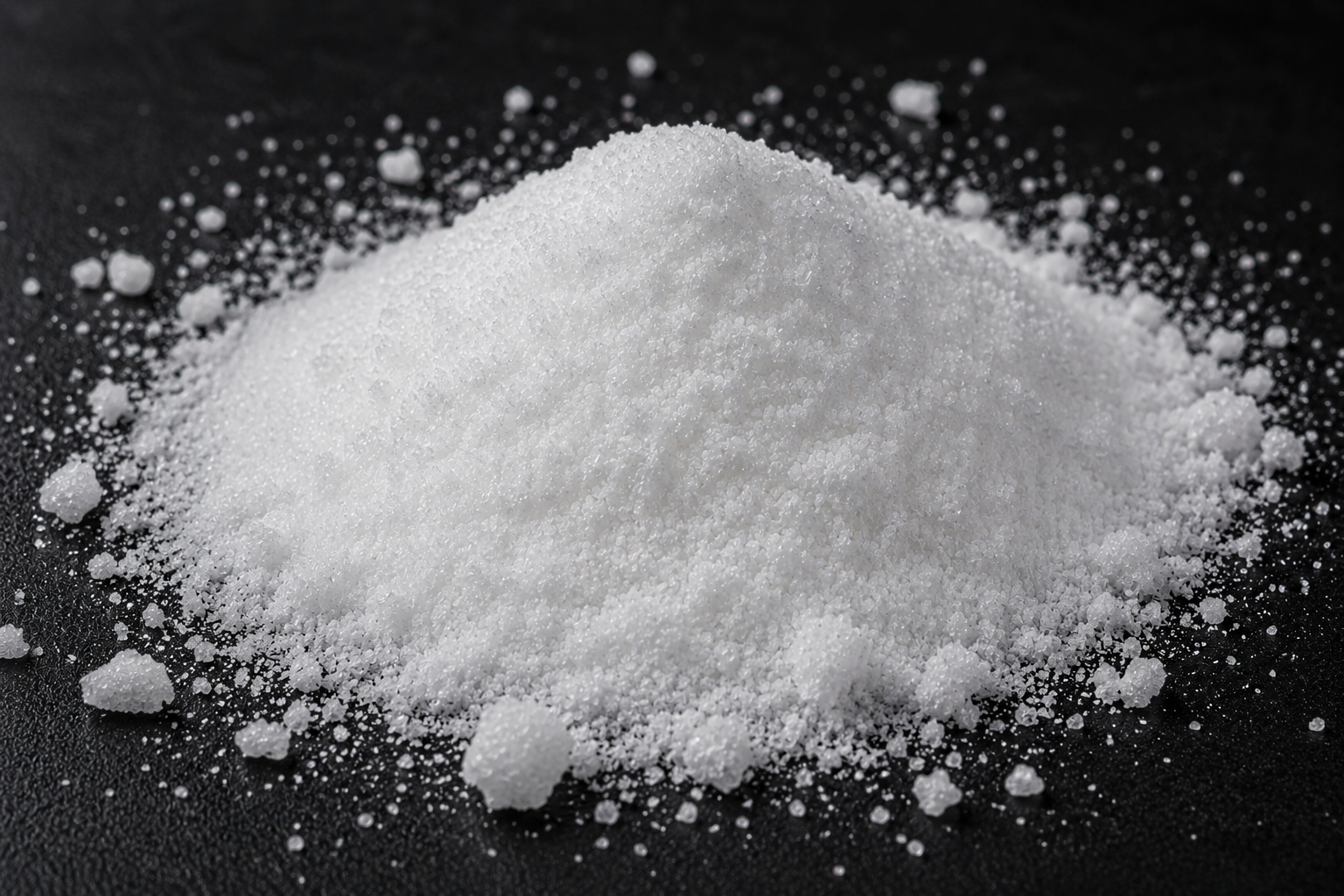 A close-up photograph of a small pile of white crystalline granules on a dark, textured surface.