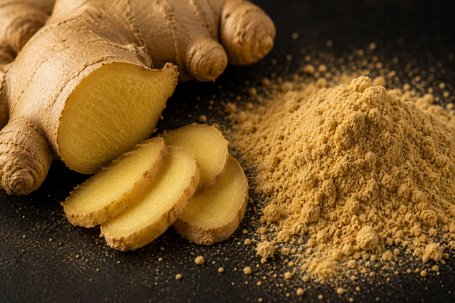 Fresh ginger root, slices of ginger, and a pile of ground ginger on a dark surface.
