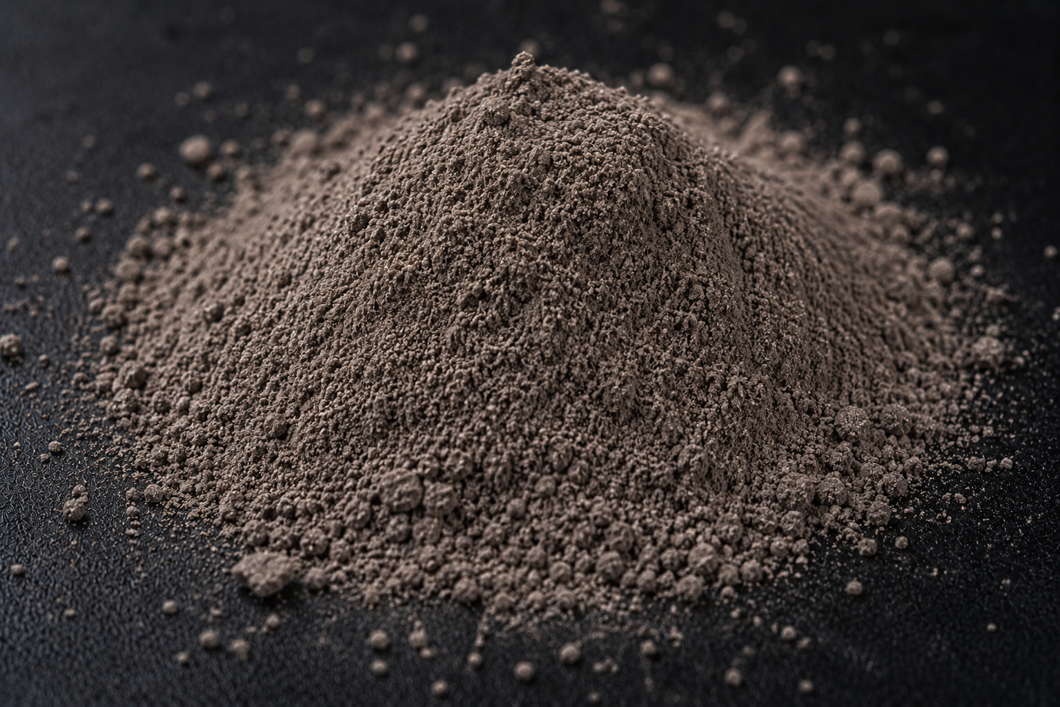 A close-up shot of a small pile of fine, grayish-brown powder on a textured black surface.