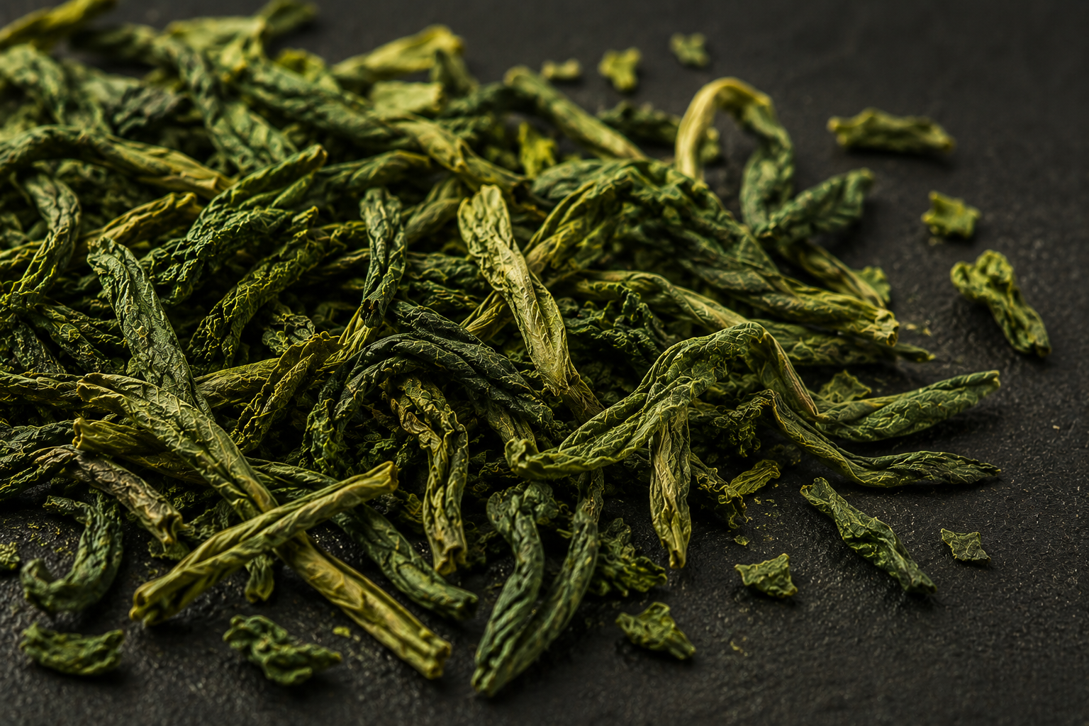 A close-up shot of loose, dried green tea leaves scattered on a dark, textured surface.