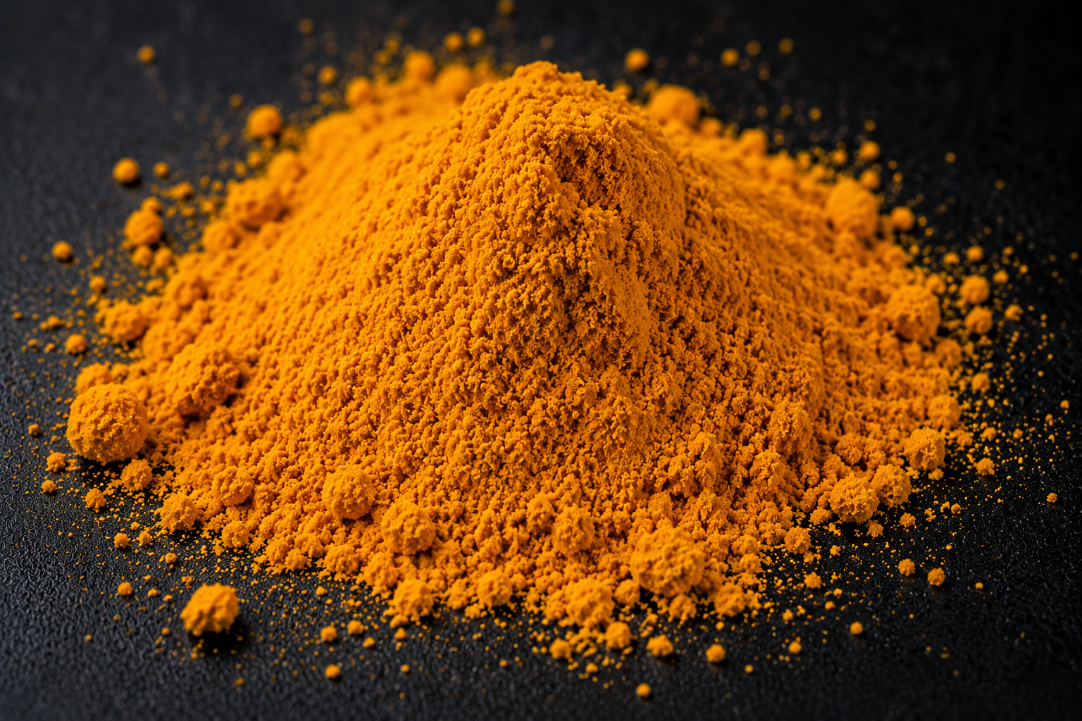 A close-up of a mound of golden yellow turmeric powder on a dark, textured surface.