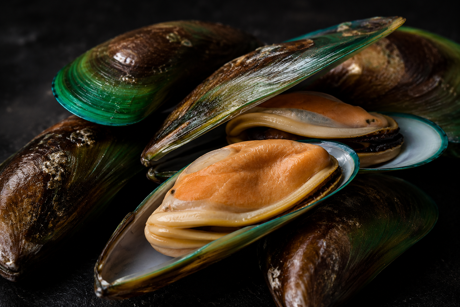 A close-up photograph of several green-lipped mussels, some open, on a dark textured background.