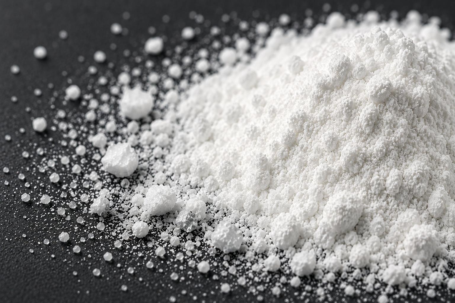 A close-up, macro shot of a pile of white, lumpy powder on a dark, textured surface.