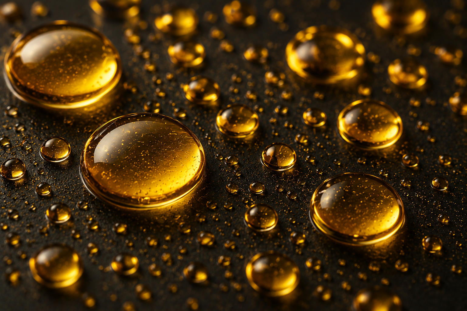 A close-up, macro shot of golden, luminous liquid droplets on a dark, textured surface.