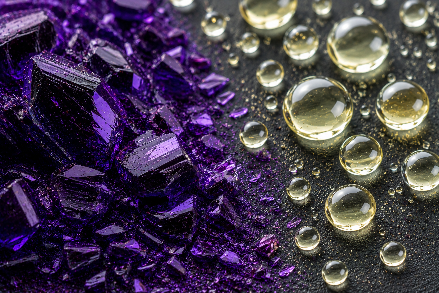 A close-up shot of shiny purple crystals next to round, yellowish liquid droplets on a dark surface.