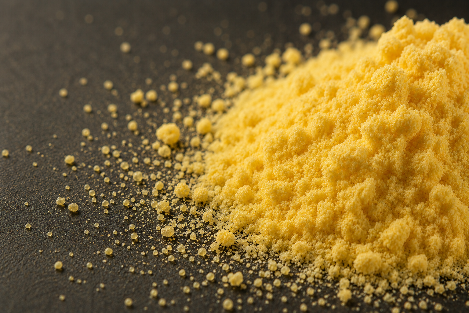 A close-up, macro shot of a pile of yellow granular powder on a dark, textured surface.