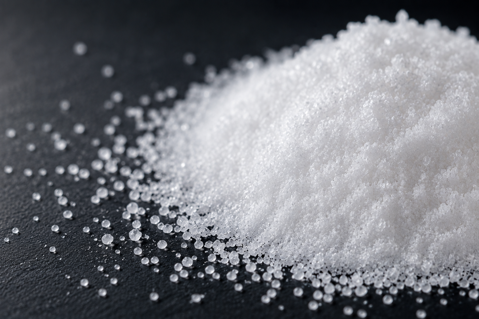 A close-up, macro photograph of a pile of white granular salt on a dark surface.