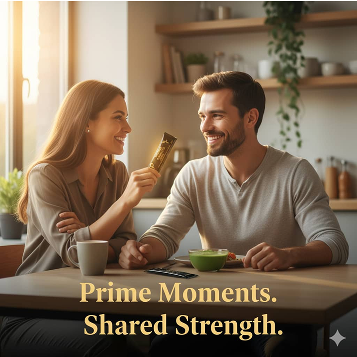 A smiling couple sharing a meal at a table, with text saying 'Prime Moments. Shared Strength.'