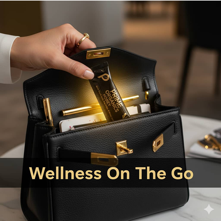 Hand placing a wellness product inside a black handbag on a table.