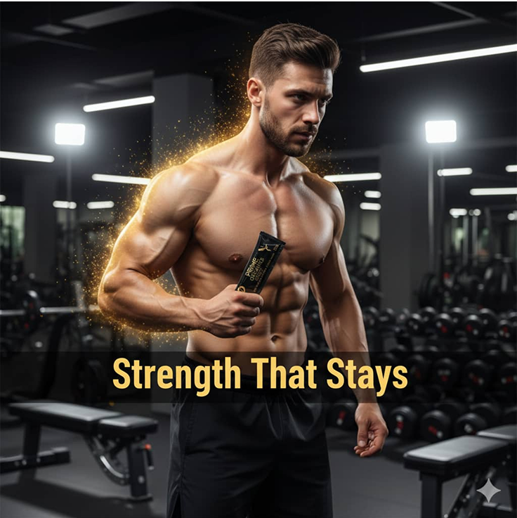Muscular man holding a product in a gym with 'Strength That Stays' text.