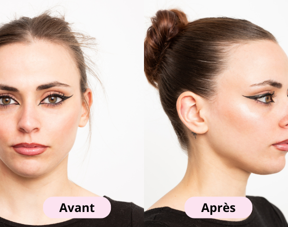 Side-by-side comparison of a woman's face before and after a hairstyle change.