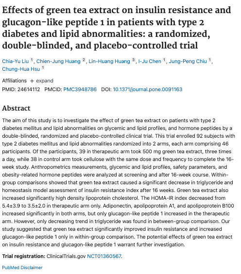 Screenshot of a scientific article abstract about green tea extract and diabetes.