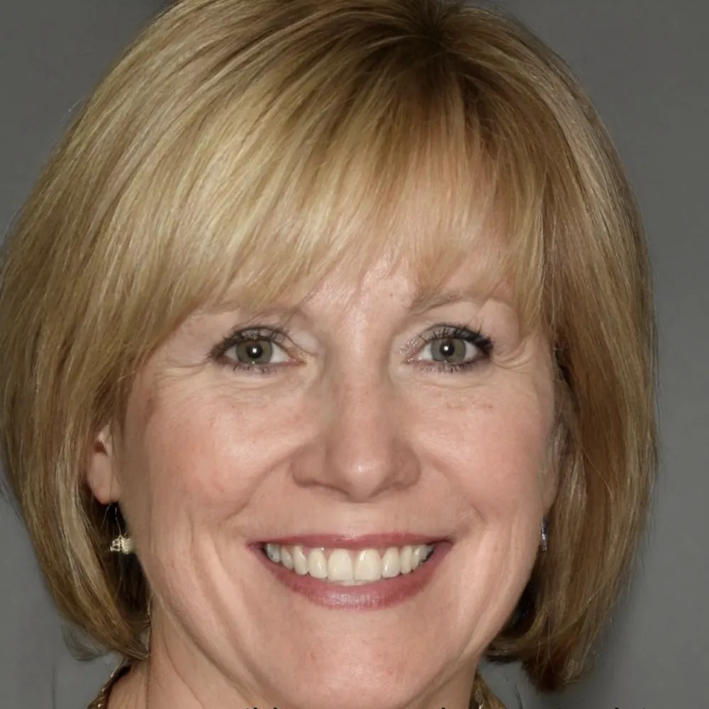 Smiling woman with short blonde hair against a gray background.