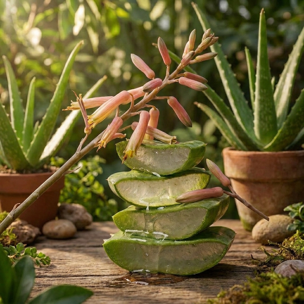A stack of sliced aloe vera leaves with a flowering stalk, with whole plants in the background.