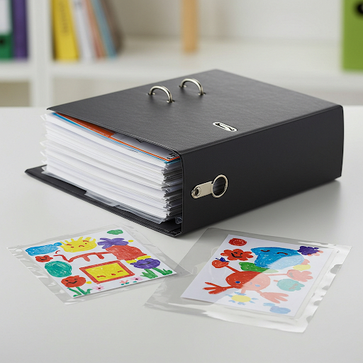 Black binder with colorful children's drawings on a desk.