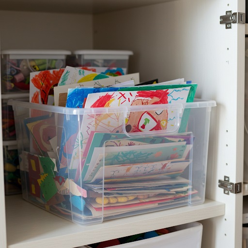 Plastic bin filled with colorful children’s artwork on a white shelf.